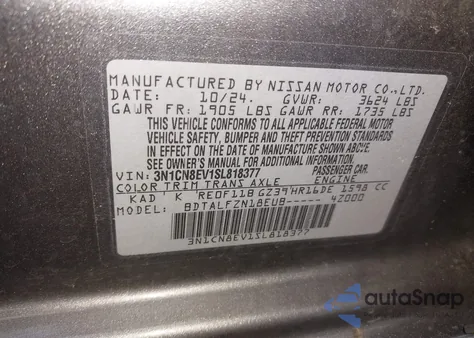 2025 Nissan Versa 1.6 Sv from USA, damaged, VIN 3N1CN8EV1SL818377